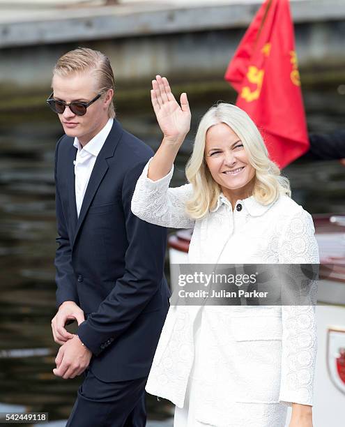 Crown Princess Mette-Marit of Norway, and her son, Marius Borg Hoiby on a visit to Trondheim, during the King and Queen of Norway's Silver Jubilee...