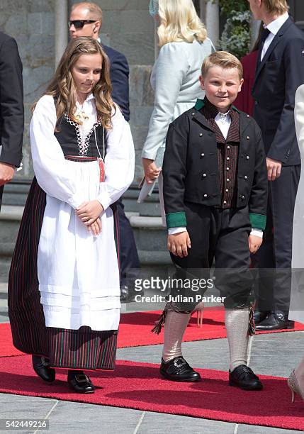 Prince Sverre Magnus, and his sister Princess Ingrid Alexandra of Norway attend a service at Nidaros Cathedral on a visit to Trondheim, during the...