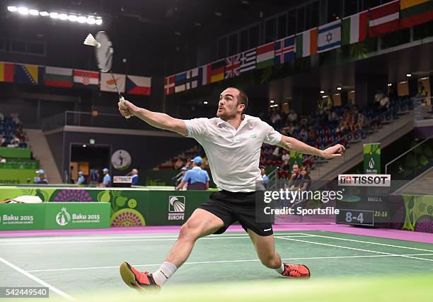 June 2015; Scott Evans, Ireland, in action against Gergely Krausz, Hungary, during their Men's Badminton Singles Group Stage match. 2015 European...