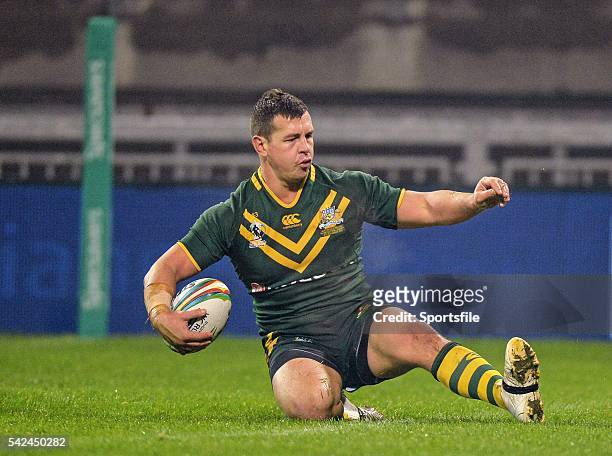November 2013; Brett Morris, Australia, scores a try against Ireland. Rugby League World Cup, Group A, Ireland v Australia, Thomond Park, Limerick....