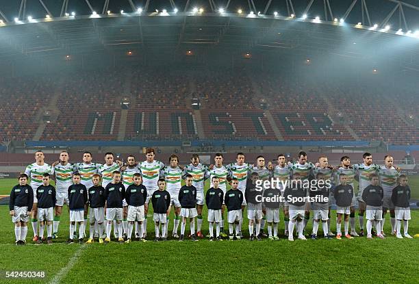 November 2013; The Ireland team lineup before the start of the game. Rugby League World Cup, Group A, Ireland v Australia, Thomond Park, Limerick....