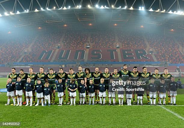 November 2013; The Australia team lineup before the start of the game. Rugby League World Cup, Group A, Ireland v Australia, Thomond Park, Limerick....