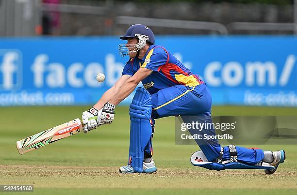 July 2015; Raymond Van Schoor, Namibia, hits a boundary against Rajeshkumar Ranpura, Oman. ICC World Twenty20 Qualifier 2015, Play-Off 4, Oman v...