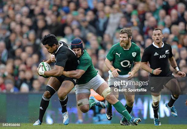 November 2013; Julian Savea, New Zealand, is tackled by Sean O'Brien, Ireland. Guinness Series International, Ireland v New Zealand, Aviva Stadium,...