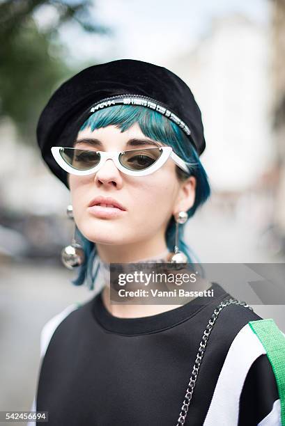 Sita Abellan poses wearing an Andrea Crews top after the Andrea Crews show at the Maison des Metallos during Paris Fashionweek Menswear SS17 on June...