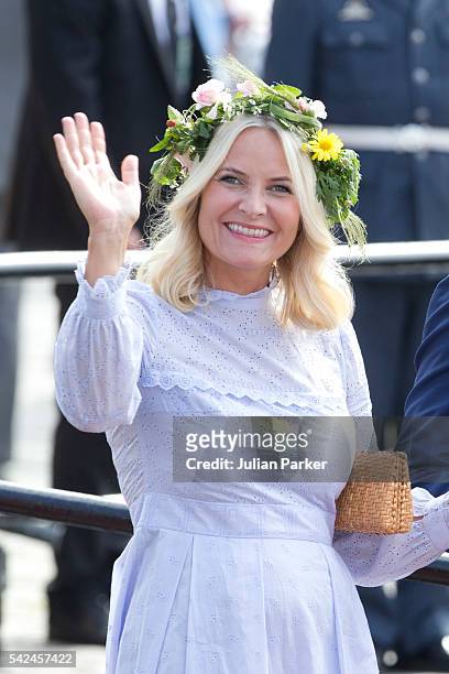 Crown Princess Mette-Marit, of Norway departs for the Norwegian Royal Yacht, KS Norge, after a day of events in Trondheim, during the King and Queen...