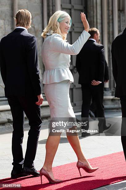 Crown Princess Mette-Marit of Norway attends a celebratory church service in the Nidaros Cathedral during the Royal Silver Jubilee Tour on June 23,...