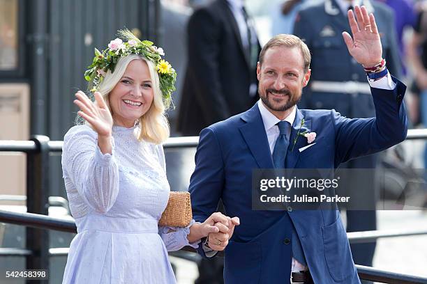 Crown Princess Mette-Marit, and Crown Prince Haakon of Norway depart for the Norwegian Royal Yacht, KS Norge, after a day of events in Trondheim,...