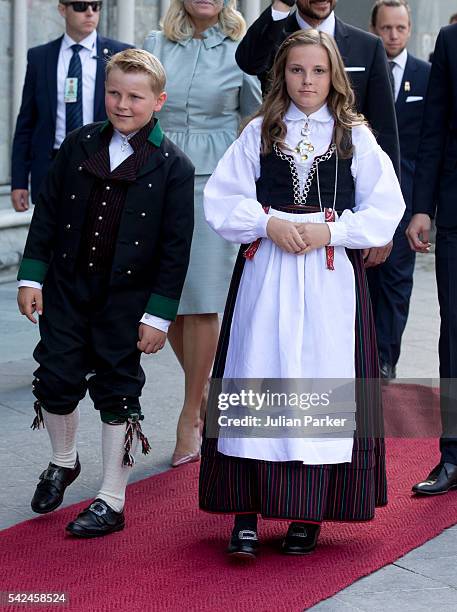 Prince Sverre Magnus, and his sister Princess Ingrid Alexandra of Norway attend a service at Nidaros Cathedral on a visit to Trondheim, during the...