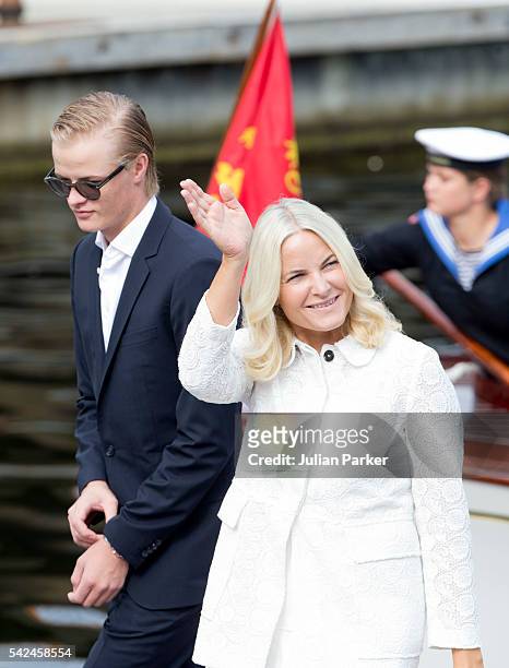 Crown Princess Mette-Marit of Norway, and her son, Marius Borg Hoiby on a visit to Trondheim, during the King and Queen of Norway's Silver Jubilee...