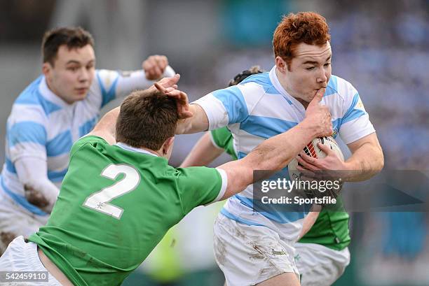 February 2013; Steve Lawton, Blackrock College, is tackled by Patrick Finlay, Gonzaga College SJ. Powerade Leinster Schools Senior Cup, 1st Round,...