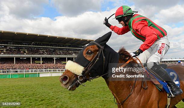 March 2013; Benefficient, with Bryan Cooper up, on the way to winning the Jewson Novices' Chase. Cheltenham Racing Festival 2013, Prestbury Park,...