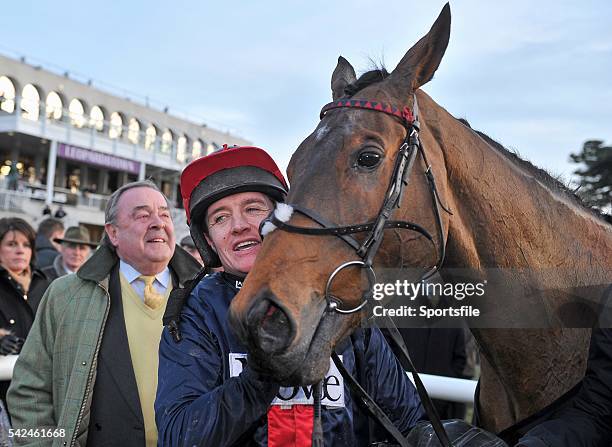 December 2013; Jockey Barry Geraghty with his mount, Bobs Worth, after winning The Lexus Steeplechase. Leopardstown Christmas Racing Festival 2013,...