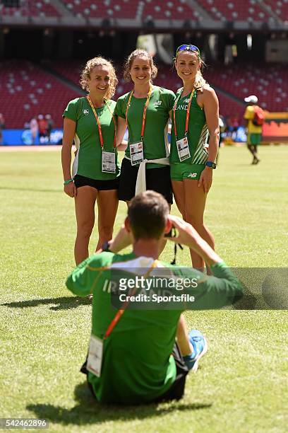 August 2015; Irish 3000m steeplechase athletes, from left, Michelle Finn, Sara Treacy and Kerry O'Flaherty have their picture taken by coach Paul...