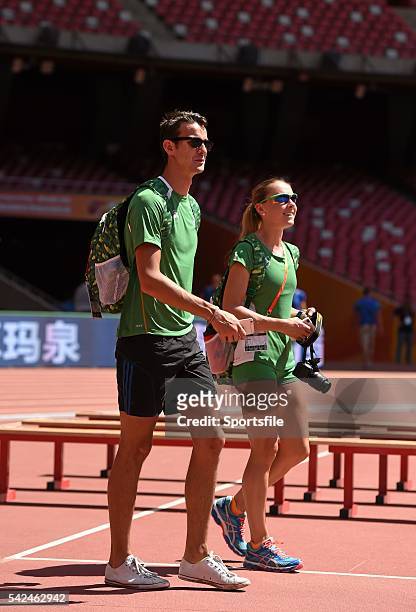 August 2015; Irish athletes Timmy Crowe, a member of the 4x400m relay team, and Kerry O'Flaherty, women's 3000m steeplechase, walk around the stadium...
