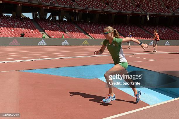 August 2015; Irish 3000m steeplechase athlete Kerry O'Flaherty practices her exits from the water jump ahead of the IAAF World Track & Field...