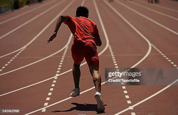 August 2015; An athlete practices his starts ahead of the IAAF World Track & Field Championships at the National Stadium, Beijing, China. Picture...