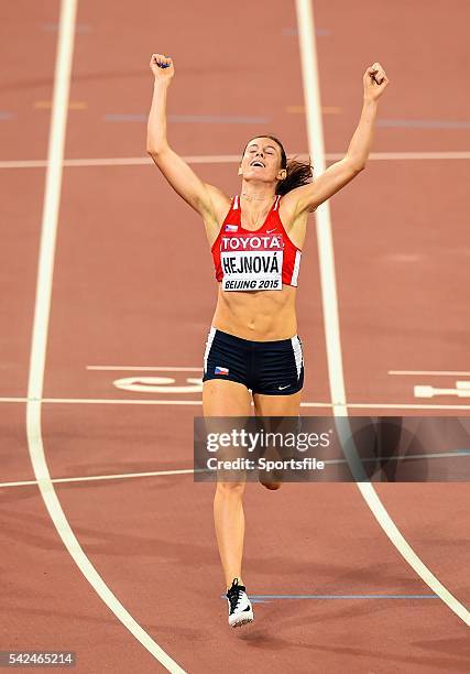 August 2015; Zuzana Hejnova of the Czech Republic celebrates winning the final of the Women's 400m Hurdles event. IAAF World Athletics Championships...