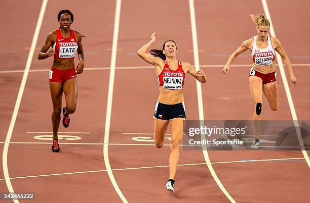 August 2015;Zuzana Hejnova of the Czech Republic celebrates winning the final of the Women's 400m Hurdles event. IAAF World Athletics Championships...