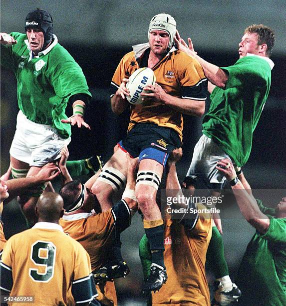June 1999; David Giffin, Australia, takes the ball in the lineout against Paddy Johns, left, and Malcolm O'Kelly, Ireland. 1999 Australia Tour,...