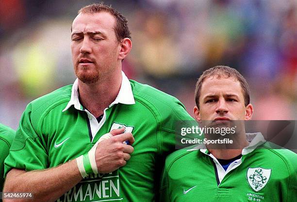 August 1999; Trevor Brennan, left, and David Humphreys pictured before the match. Rugby International, Ireland v Argentina, Lansdowne Road, Dublin....