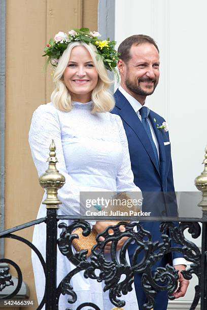 Crown Princess Mette-Marit of Norway, and Crown Prince Haakon of Norway, attend a Garden Party at the Royal Residence, Stiftsgarden, on a visit to...