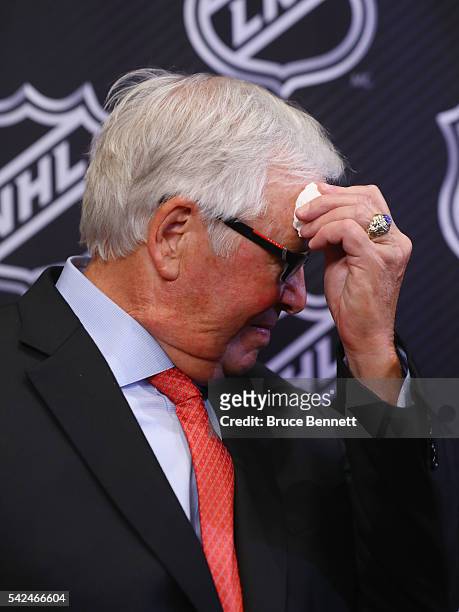 New Las Vegas NHL franchise owner Bill Foley takes a break while addressing the media during the Board Of Governors Press Conference prior to the...