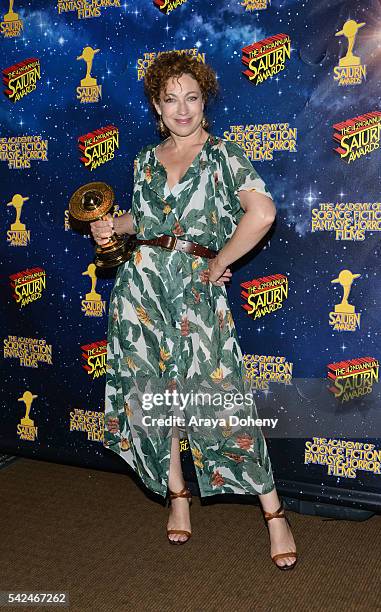 Alex Kingston poses in the pressroom at the 42nd Annual Saturn Awards at the Castaway on June 22, 2016 in Burbank, California.