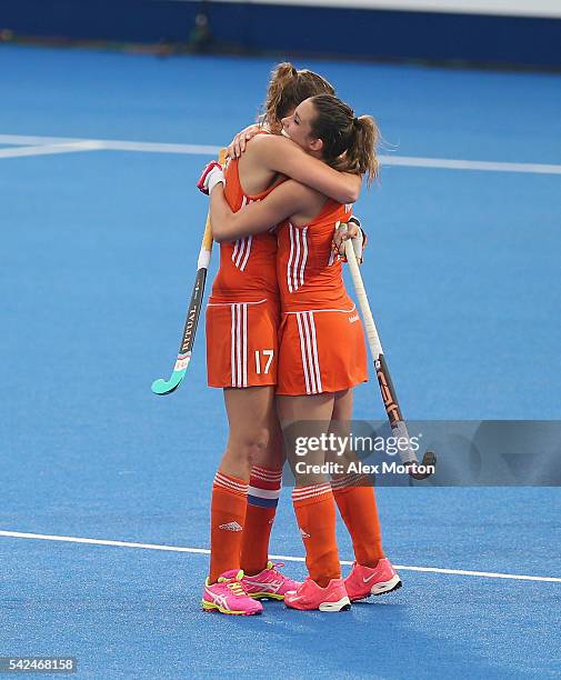 Willemijn Bos of Netherlands celebrates scoring their second goal during the FIH Women's Hockey Champions Trophy match between Australia and...