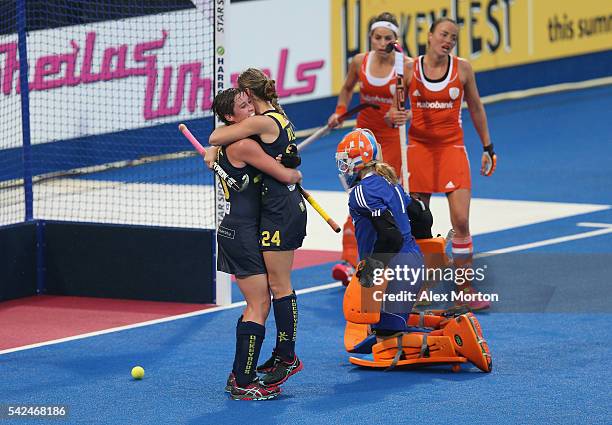 Kathryn Slattery of Australia celebrates after scoring their first goal during the FIH Women's Hockey Champions Trophy match between Australia and...