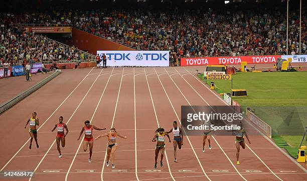 August 2015; Dafne Schippers of the Netherland crosses the finish line to win the final of the Women's 200m event. Also pictured are from left,...