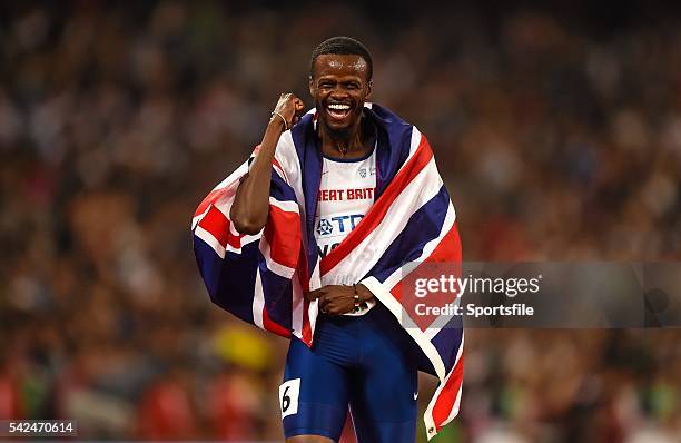 August 2015; Rabah Yousif of Great Britain celebrates after winning bronze in the Men's 4x400 Metres Relay final. IAAF World Athletics Championships...