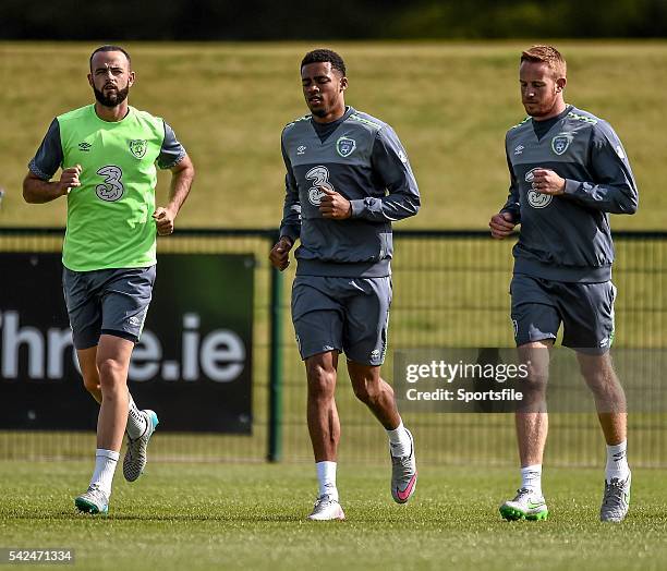 September 2015; Republic of Ireland players, from left, Marc Wilson, Cyrus Christie and Adam Rooney during squad training. Republic of Ireland Squad...