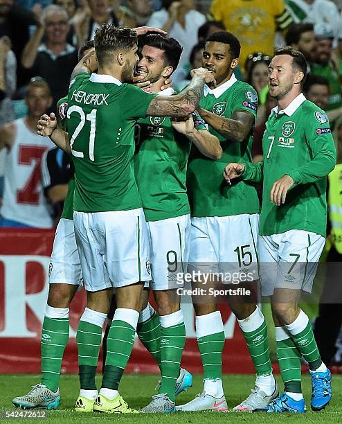 September 2015; Shane Long, second from left, Republic of Ireland, celebrates with team-mates after scoring his side's fourth goal. UEFA EURO 2016...