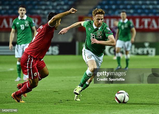 September 2015; Stephen Quinn, Republic of Ireland, in action against John Sergeant, Gibraltar. UEFA EURO 2016 Championship Qualifier, Group D,...