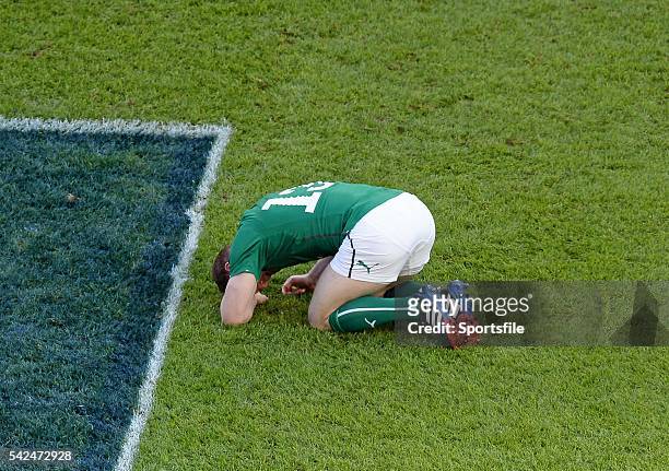 February 2014; Brian O'Driscoll, Ireland, goes down after a tackle by Scott Williams, Wales. RBS Six Nations Rugby Championship, Ireland v Wales,...