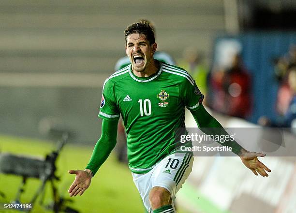 September 2015; Kyle Lafferty, Northern Ireland, celebrates after scoring an injury time goal to draw the game. UEFA EURO 2016 Championship...