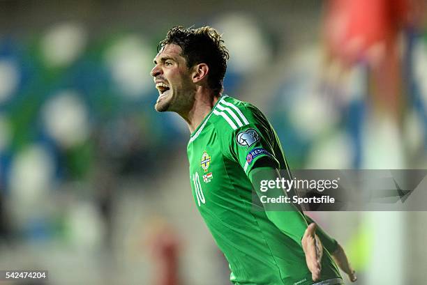 September 2015; Kyle Lafferty, Northern Ireland, celebrates after scoring an injury time goal to draw the game. UEFA EURO 2016 Championship...