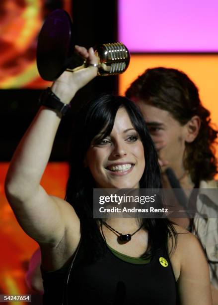 Singer Stefanie Kloss and the band Silbermond receive the Award for "Best German Pop" during the German Radio Awards 2005 at the Tempodrom Hall...
