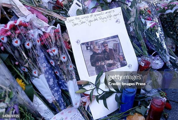 Makeshift Memorial of flowers, notes & other momentos outside John F. Kennedy Jr's apartment building on July 19, 1999 in New York City.