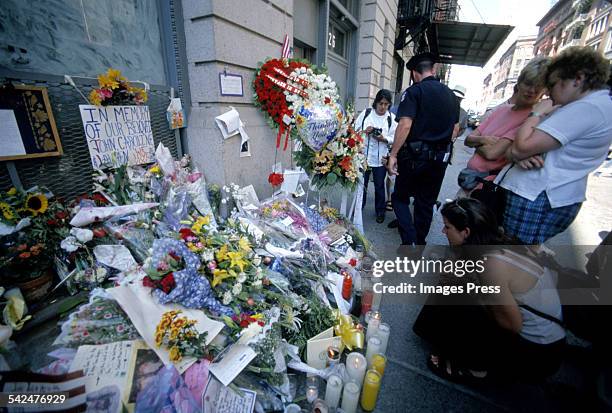 Makeshift Memorial of flowers, notes & other momentos outside John F. Kennedy Jr's apartment building on July 19, 1999 in New York City.