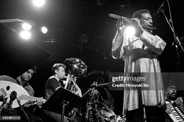 Henry Threadgill and Zooid performing at the Knitting Factory on September 15, 2000.This image:From left, Tarik Benbrahim, Jose Davilla, Henry...