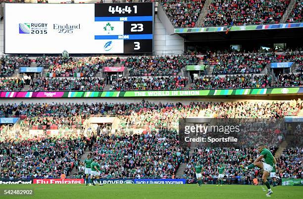 September 2015; Ian Madigan, Ireland, kicks a second half conversion. 2015 Rugby World Cup, Pool D, Ireland v Romania, Wembley Stadium, Wembley,...