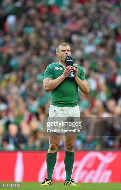 September 2015; Keith Earls, Ireland, takes a drink during the game. 2015 Rugby World Cup, Pool D, Ireland v Romania, Wembley Stadium, Wembley,...