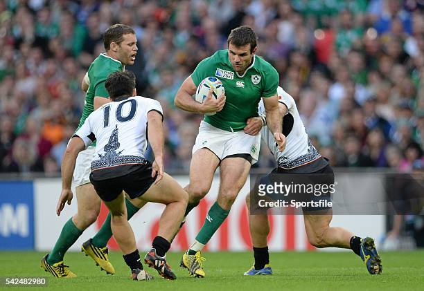 September 2015; Jared Payne, Ireland, is tackled by Csaba Gal, right, Romania. 2015 Rugby World Cup, Pool D, Ireland v Romania, Wembley Stadium,...