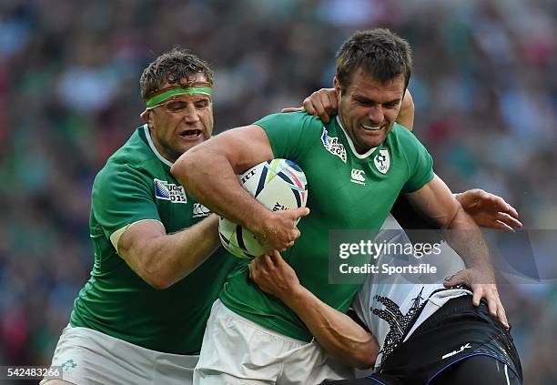 September 2015; Jared Payne with the support of his Ireland team-mate Jamie Heaslip. 2015 Rugby World Cup, Pool D, Ireland v Romania, Wembley...