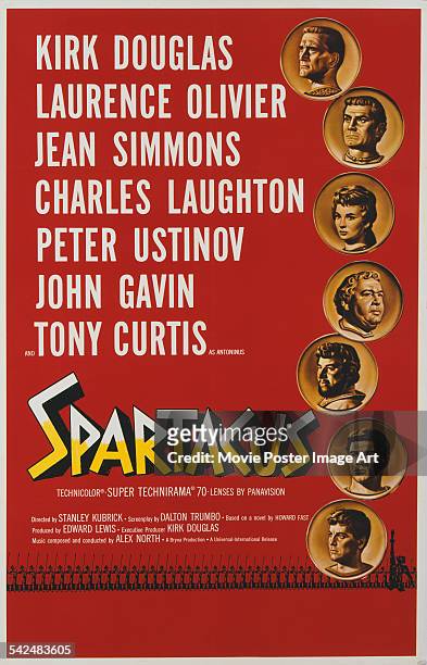 From top to bottom, actors Kirk Douglas, Laurence Olivier, Jean Simmons, Charles Laughton, Peter Ustinov, John Gavin and Tony Curtis appear on the...