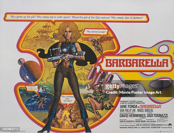 Actress Jane Fonda and David Hemmings appear on the poster for the Paramount Pictures film 'Barbarella, 1968.