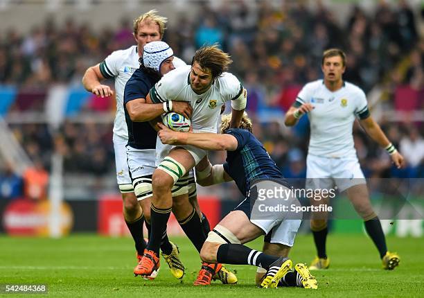 October 2015; Lood de Jager, South Africa, is tackled by Blair Cowan, left, and Richie Gray, Scotland . 2015 Rugby World Cup, Pool B, South Africa v...