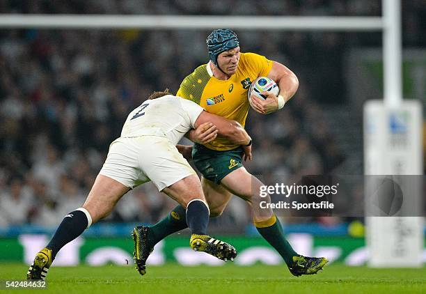 October 2015; David Pocock, Australia, is tackled by Tom Youngs, England. 2015 Rugby World Cup, Pool A, England v Australia, Twickenham Stadium,...